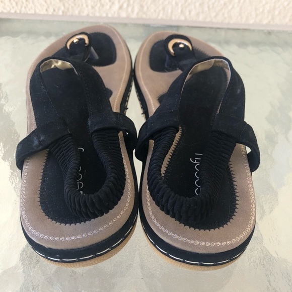 Socofy Black Suede Sandals w/ gold hardware - Picture 3 of 10